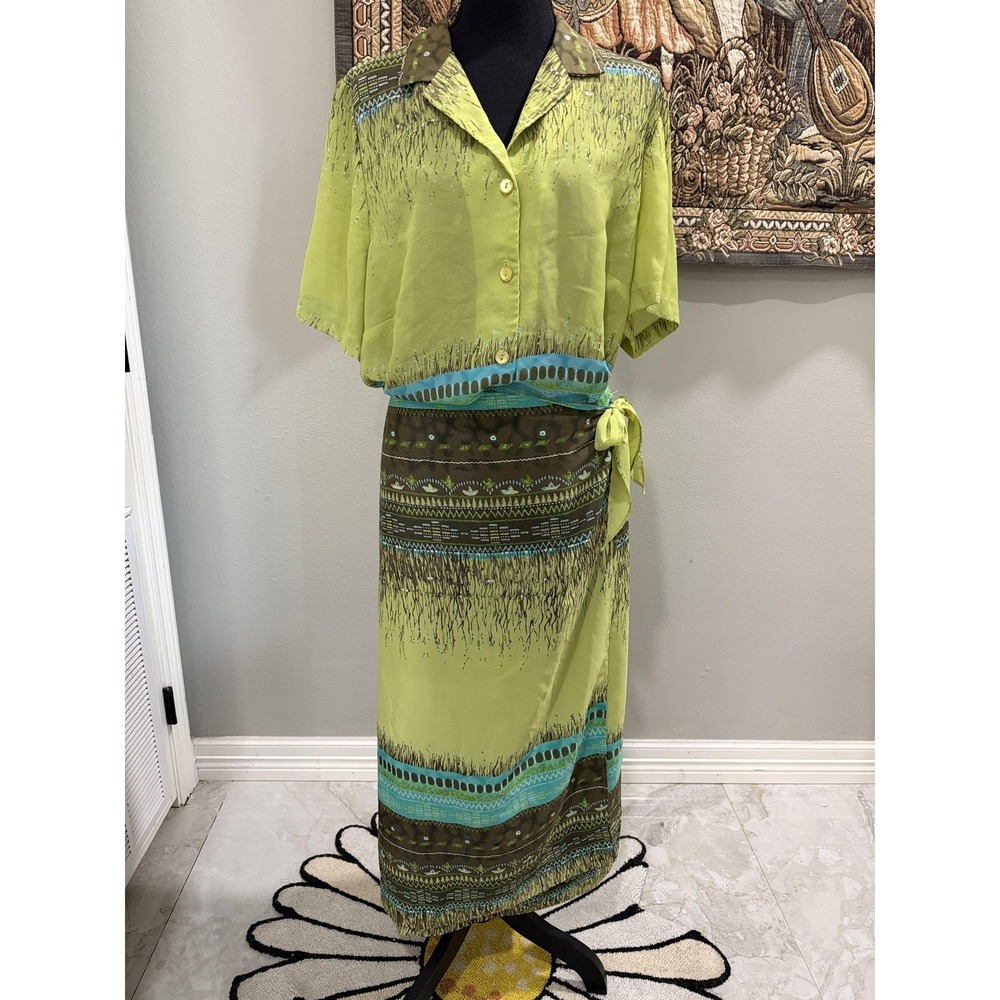 Russell Kemp Two Piece Set Womens 1X Green Print Shirt Skirt Boho Tie Waist